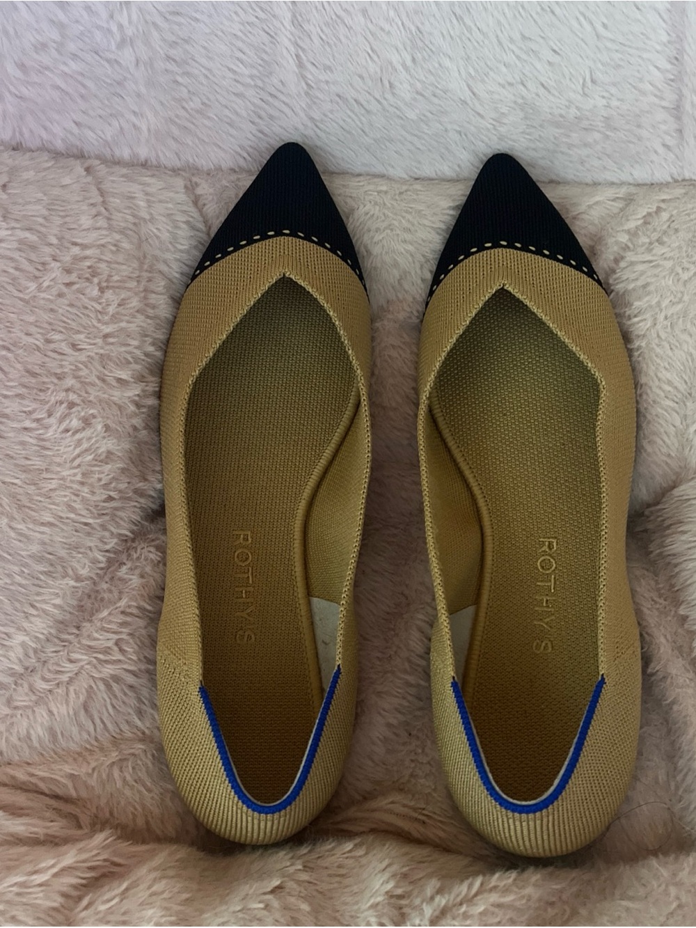 Rothy's Two-Tone Pointed Toe Flats in Tan and Black 10.5